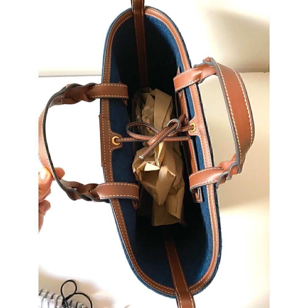Anya Hindmarch Small Eyes Felt Tote Bag Leather Trimmed Dark Petrol Blue Brown - Picture 9 of 13